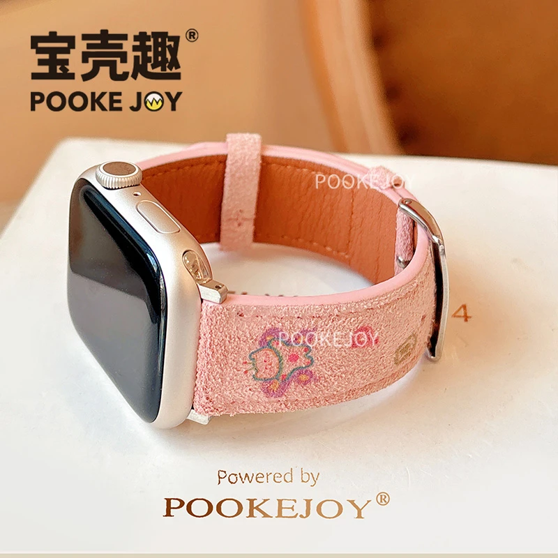 宝壳趣适用苹果applewatch11表带蝴蝶小猫表带s10翻绒真皮s9/s8冬