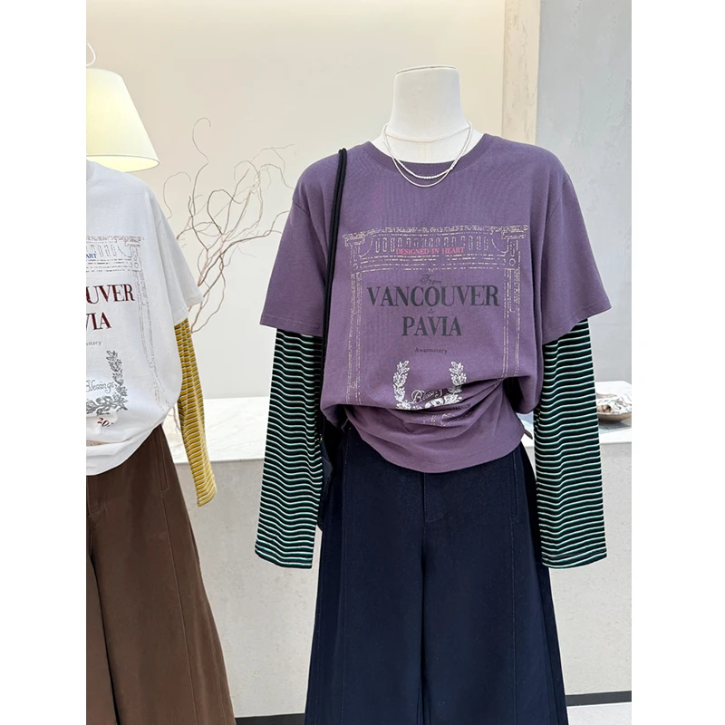 胖妹妹240斤大码美式复古假两件条纹长袖打底衫女秋季巨显瘦上衣