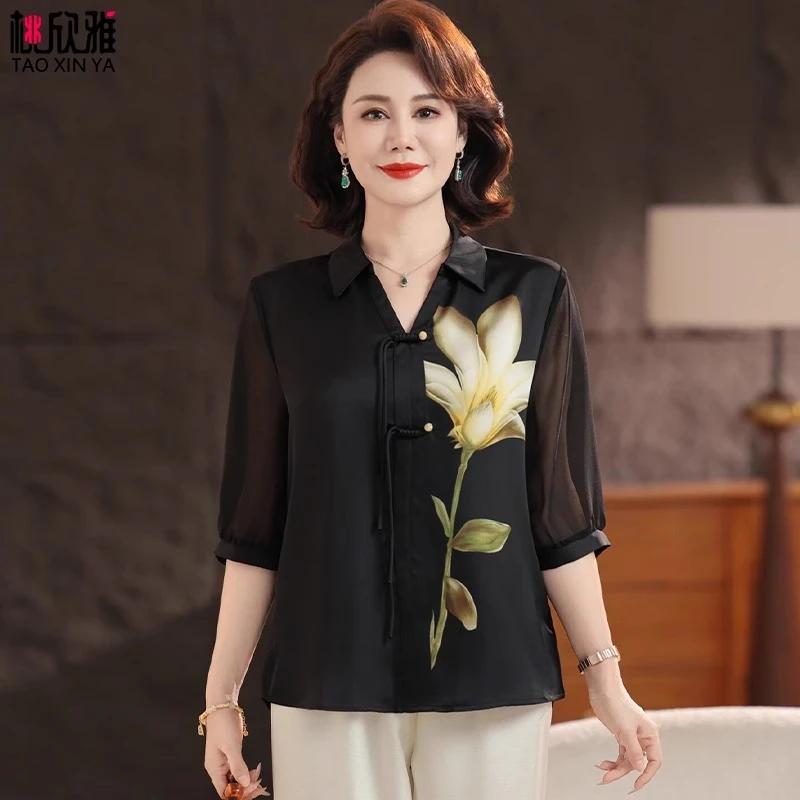 妈妈夏装套装2025新款洋气衬衫中老年女国风上衣春夏雪纺中袖小衫