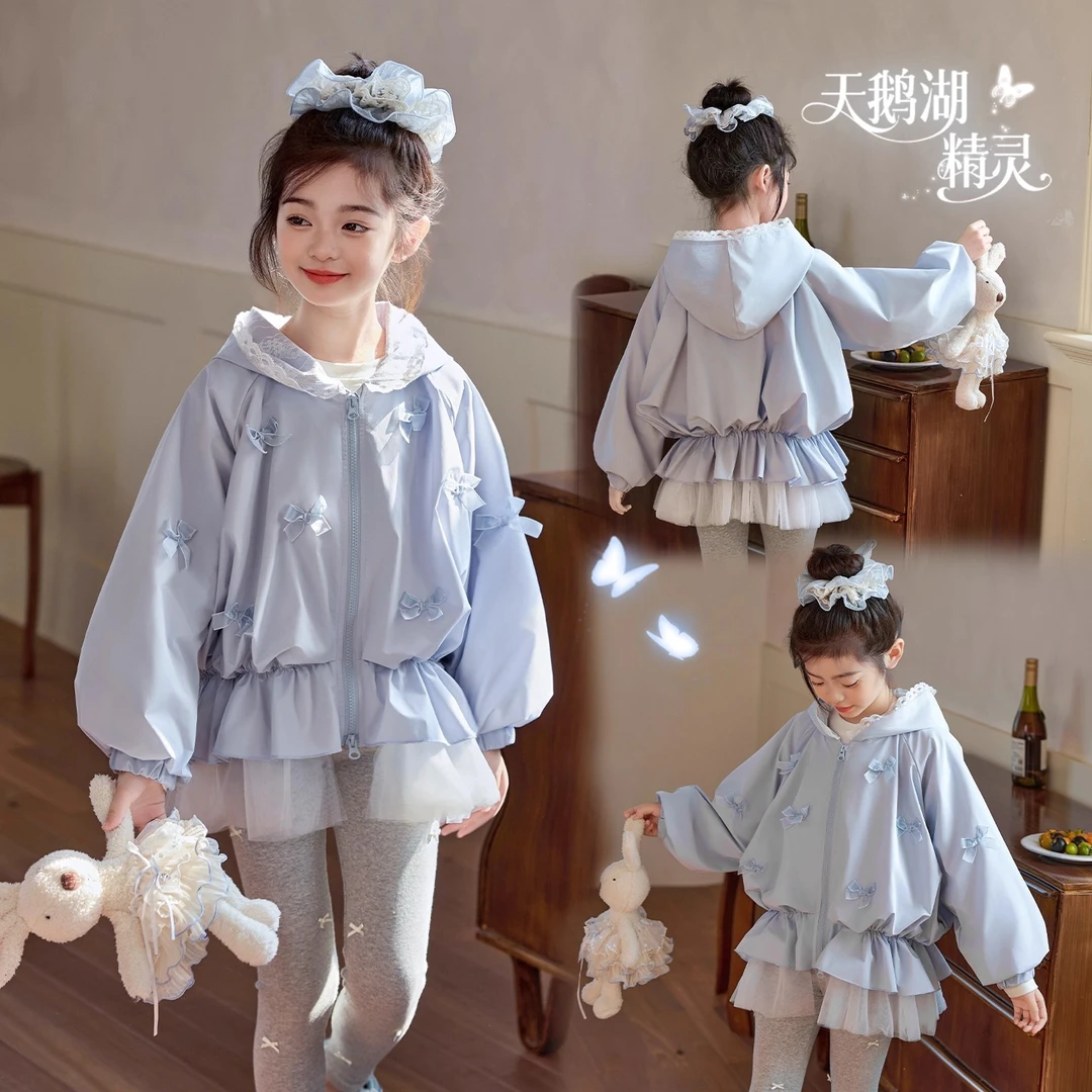 女童春秋蕾丝连帽外套2025新款蝴蝶结纯色夹克儿童灯笼袖拼纱上衣