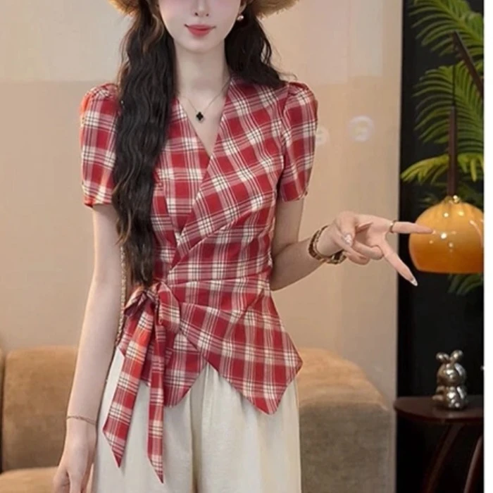 夏季复古小众设计感蓝色格子衬衫