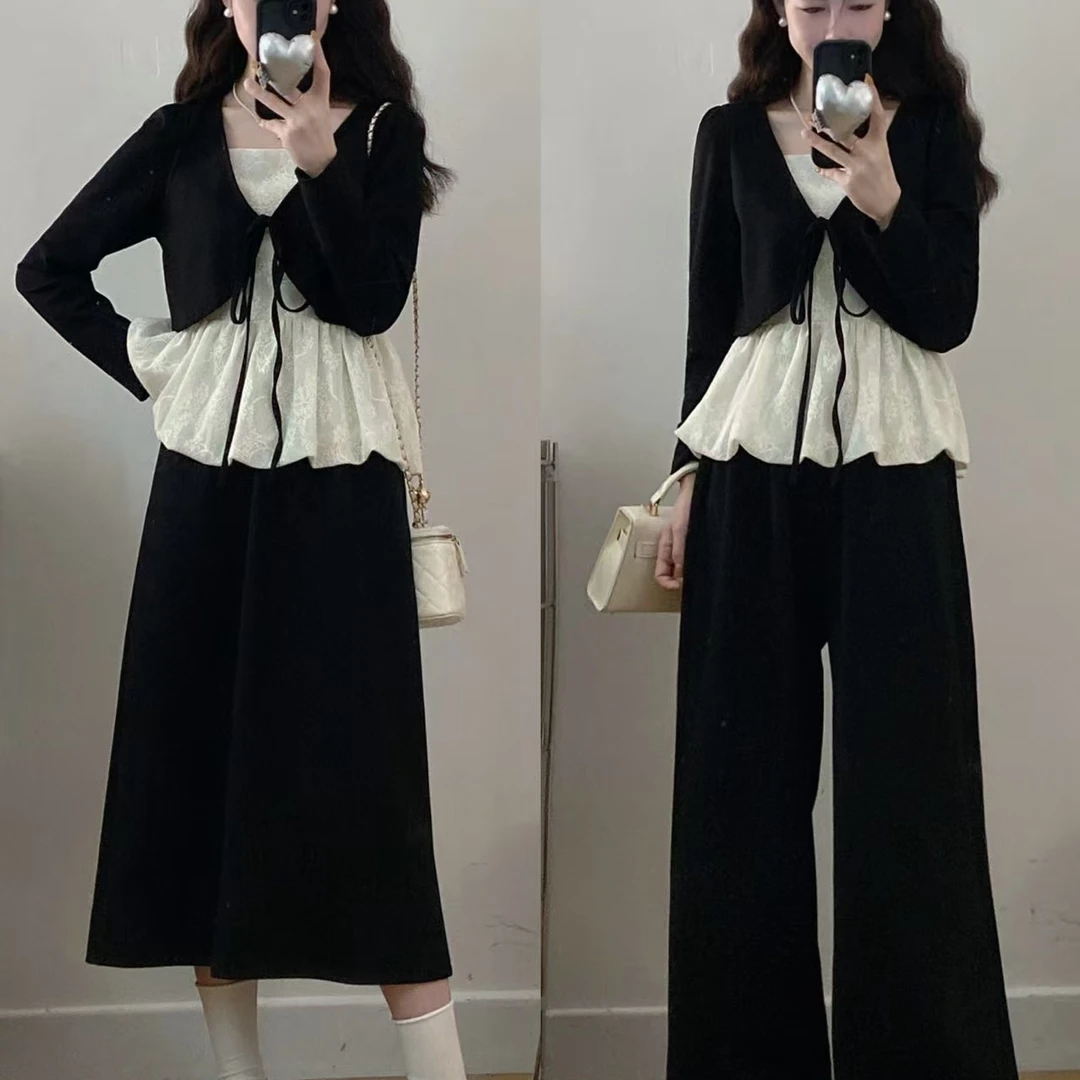 2025大码女装胖mm新款假两件蕾丝拼接上衣+半裙裤子两件套时尚