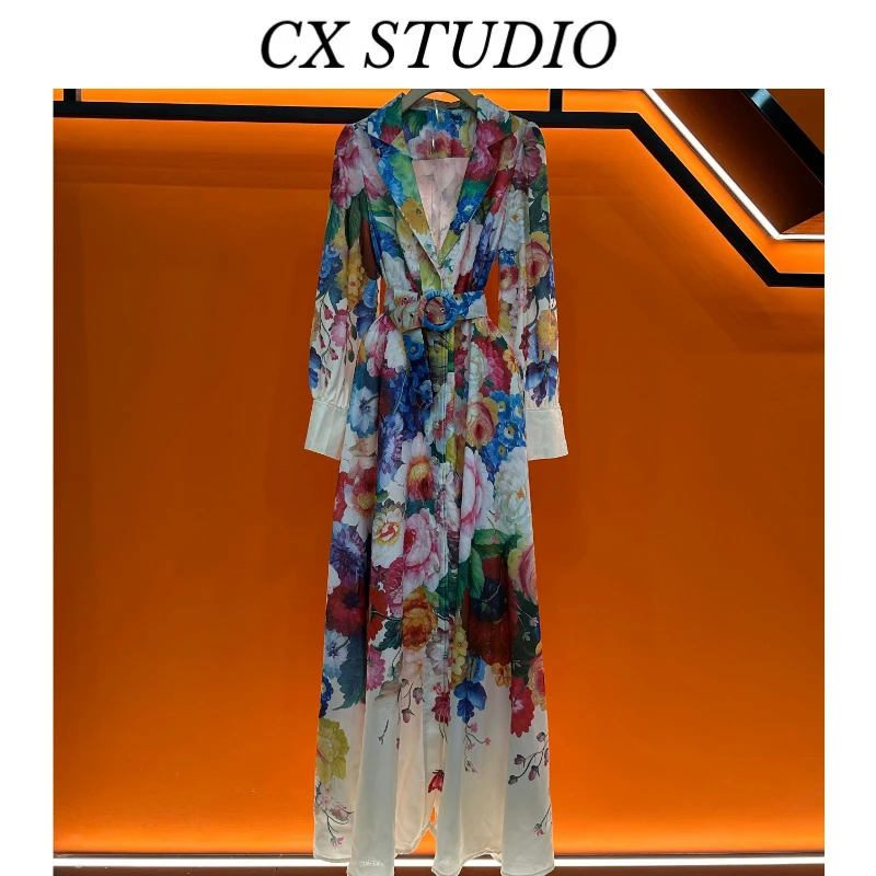 宫廷风连衣裙复古西装领排扣灯笼袖收腰印花大摆长裙 K6040