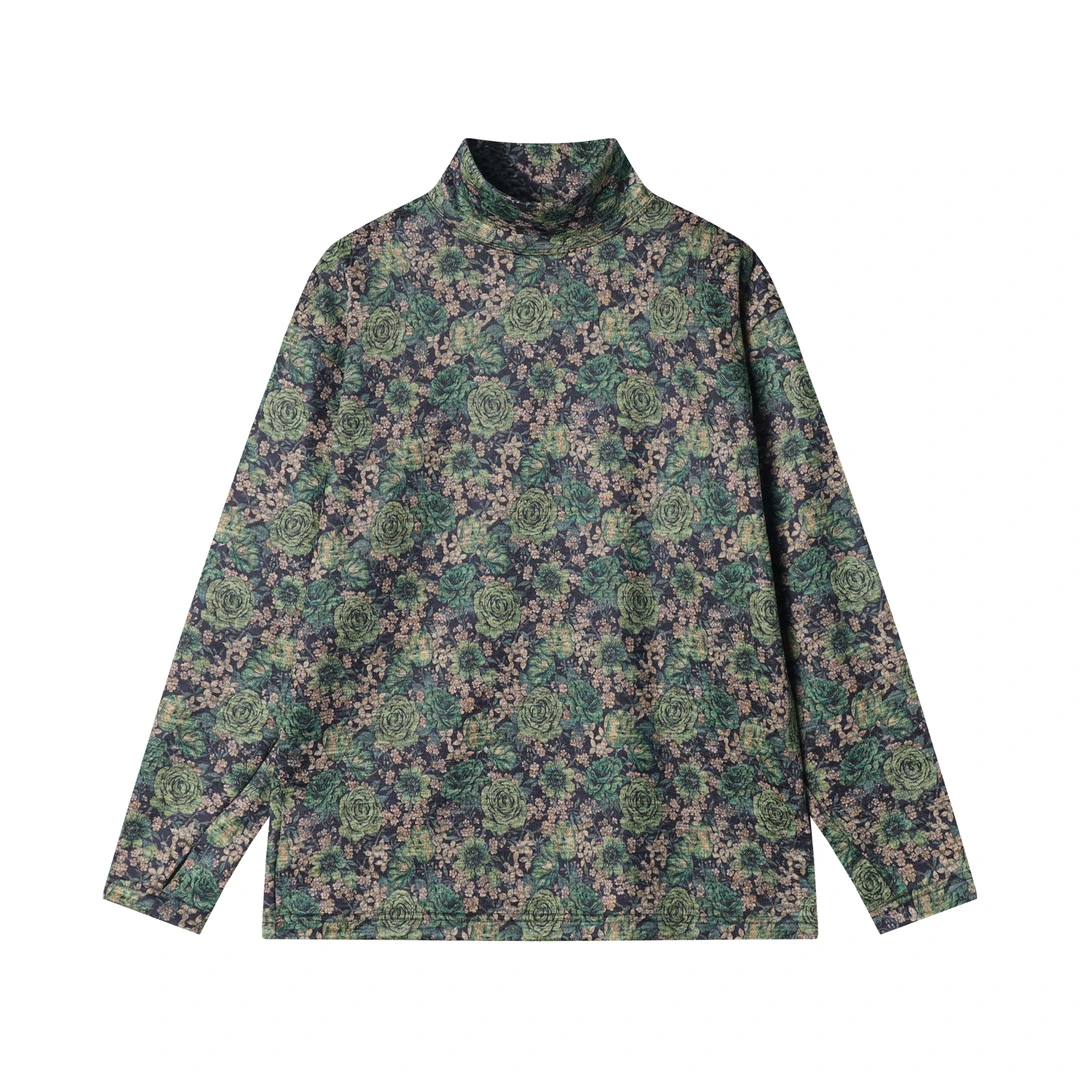 秋冬季新款时尚个性美式绿色玫瑰半高领长袖T恤百搭情侣套头上衣