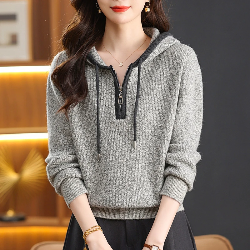 羊毛连帽毛衣女秋冬2025新款洋气妈妈休闲帽衫冬季加厚针织打底衫