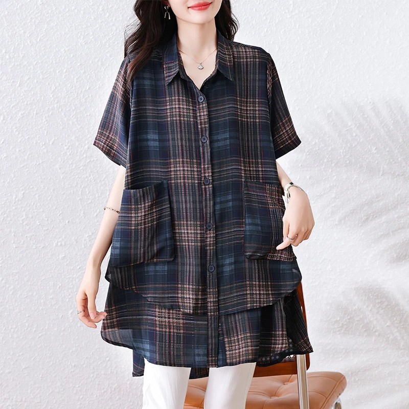 2025夏季时尚大码百搭中长款气质格子衬衫宽松遮肚显瘦洋气小衫女