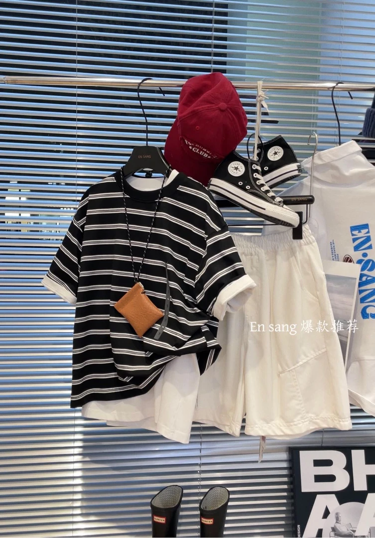 【郭郭童品】恩➕印花条纹T恤1862