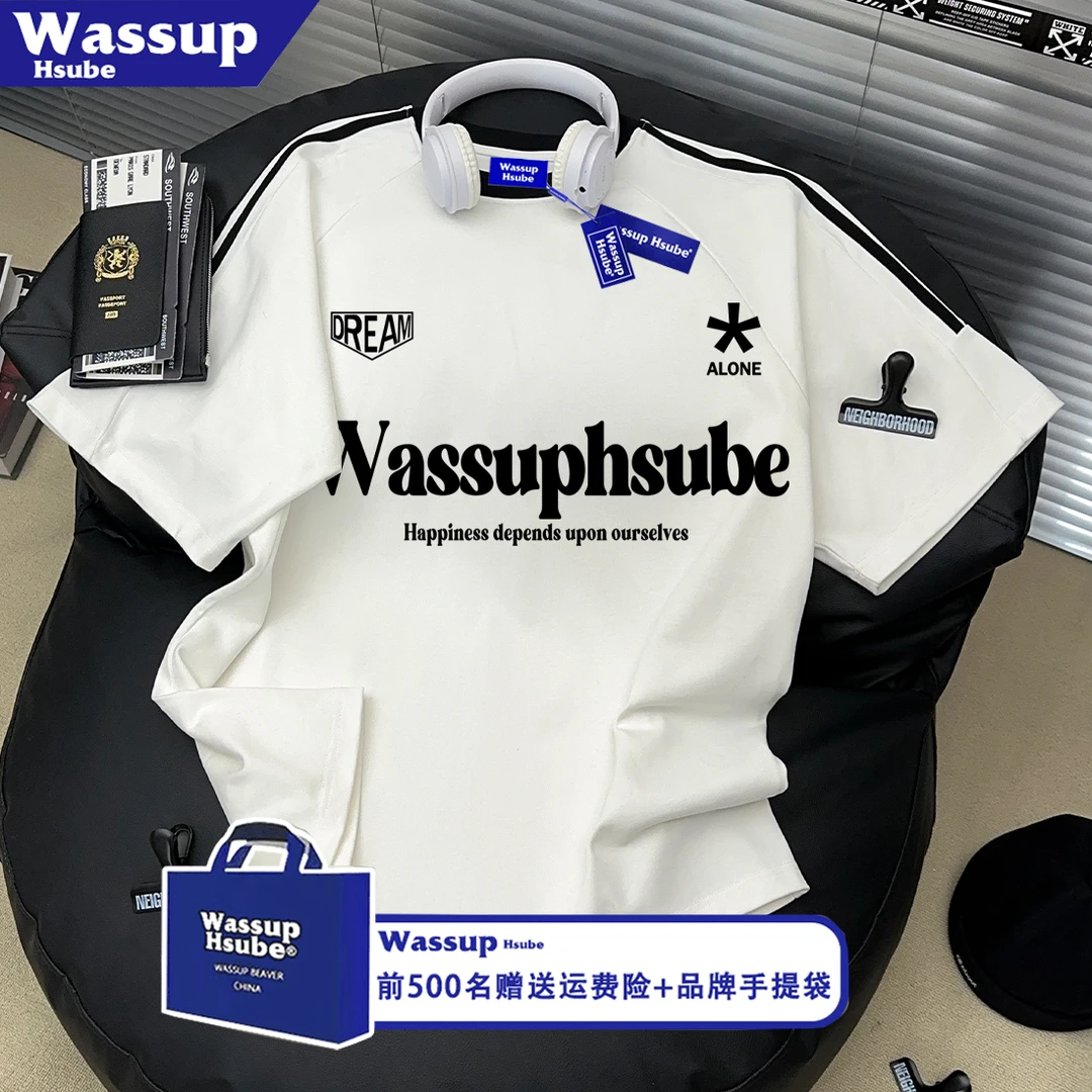 WASSUP HSUBE潮牌三条杠短袖T恤男女夏季字母印花宽松情侣上衣服