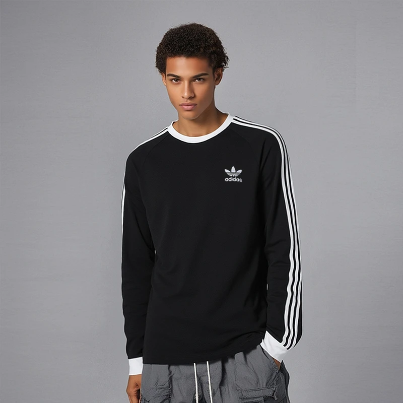 阿迪达斯三叶草长袖T恤男秋季新款侧边三条纹套头衫运动服IA4877