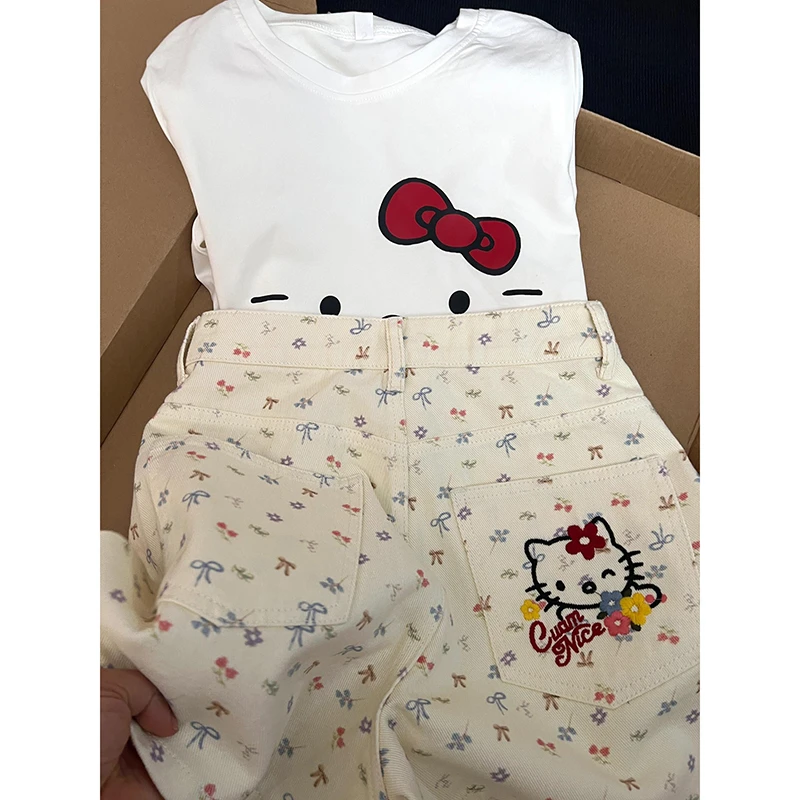 美式复古Kitty猫刺绣牛仔短裤女夏季设计感碎花阔腿休闲a字热裤潮