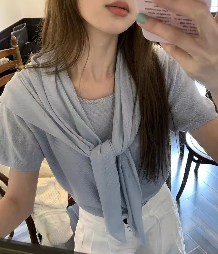 夏季爆款圆领短袖T恤上衣+披肩两件套新款时尚气质慵懒设计感