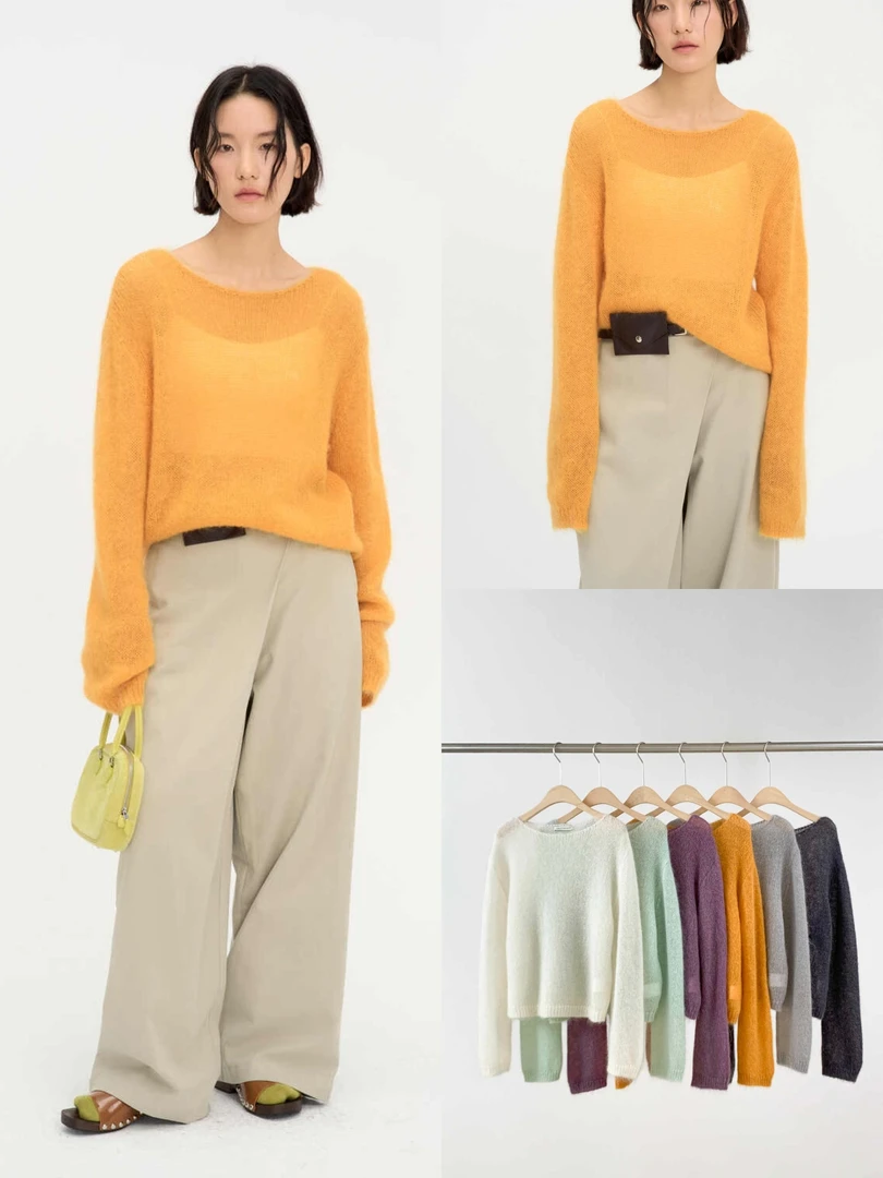 【FN】11493韩系简约一字领马海毛多巴胺色羊毛针织衫（含30%羊毛）