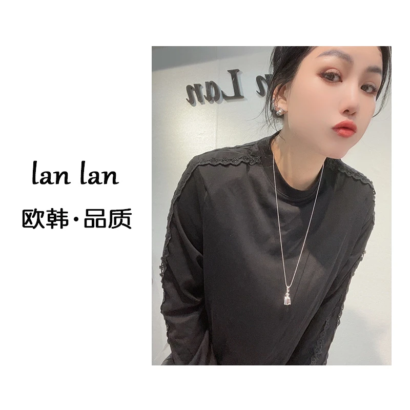 琪琪-春款【手臂两排蕾丝】韩版气质时尚百搭显瘦T恤小众内搭长袖