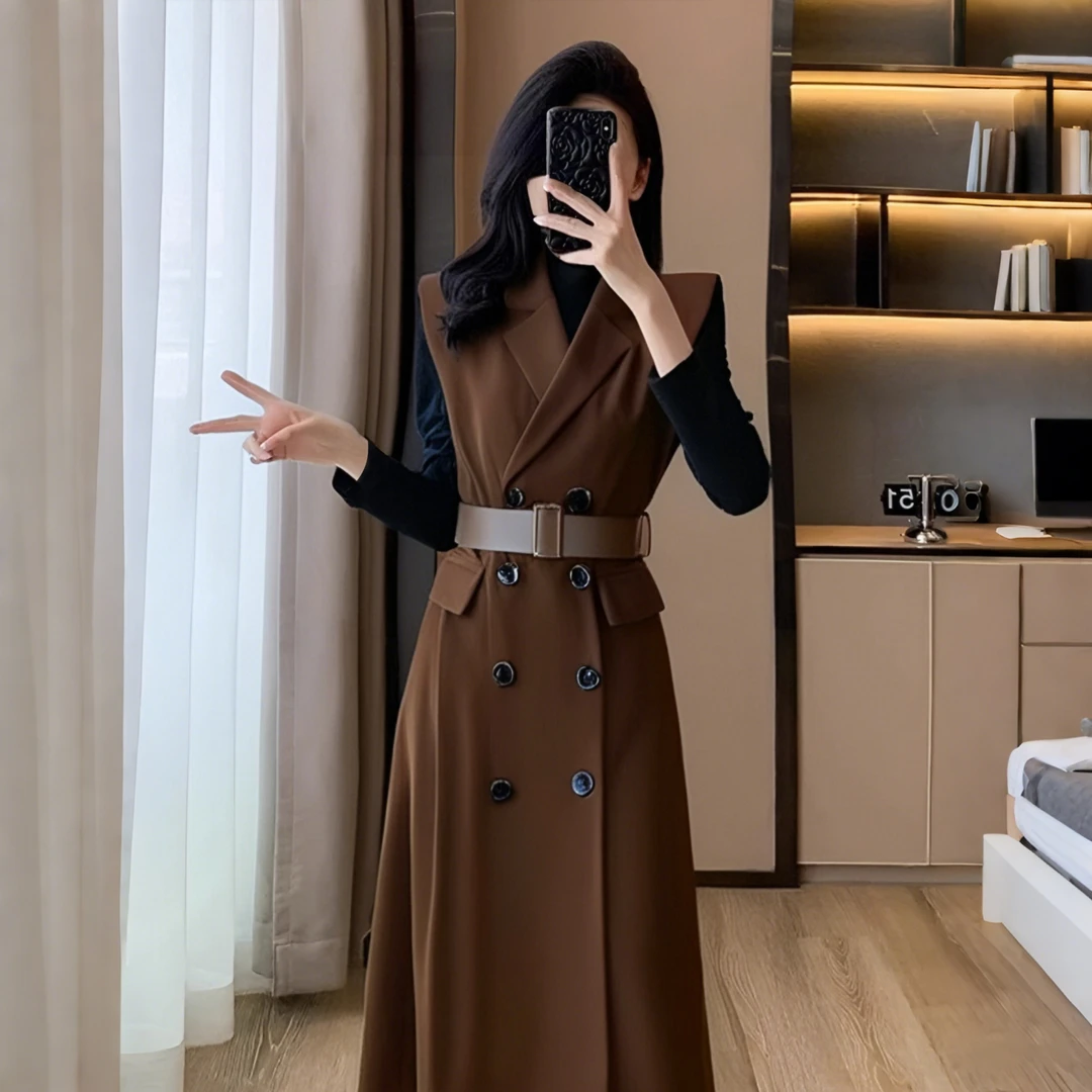 A【两件套】2025春季新款气质高级感高双排扣西装马甲连衣裙2119