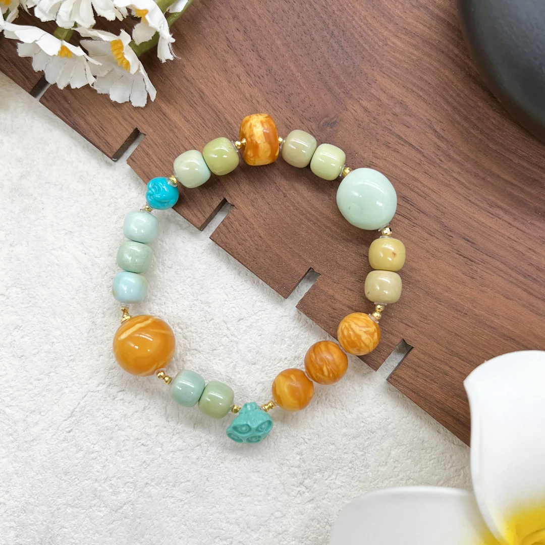 【润家原创】天然原矿7mm+绿松老型DIY蜜蜡18K金时尚手串#6017