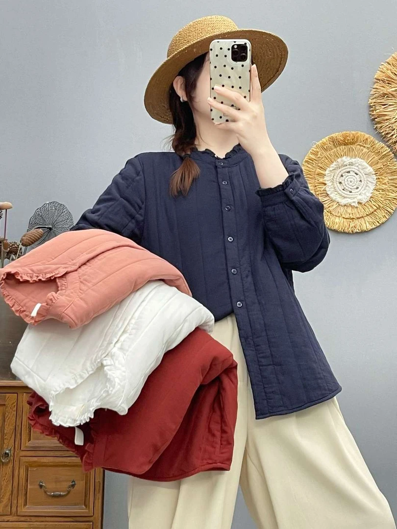 8812冬季新款纯棉加棉衬衫2025上衣女宽松显瘦花边领时尚百搭文艺