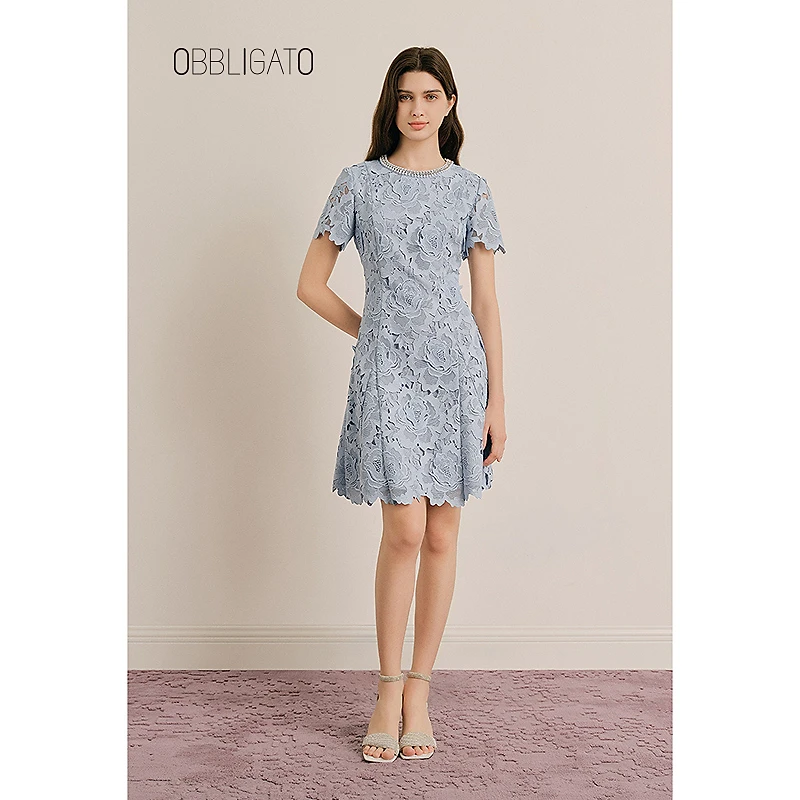 OBBLIGATO奥丽嘉朵1C65305420专选2025秋季新品蕾丝镂空连衣裙