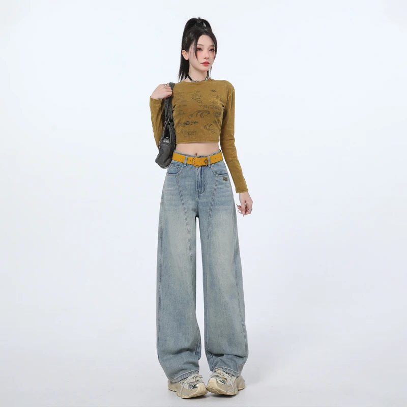 2025年窄版阔腿弯刀牛仔裤女新款时尚高腰宽松百搭休闲直筒香蕉裤