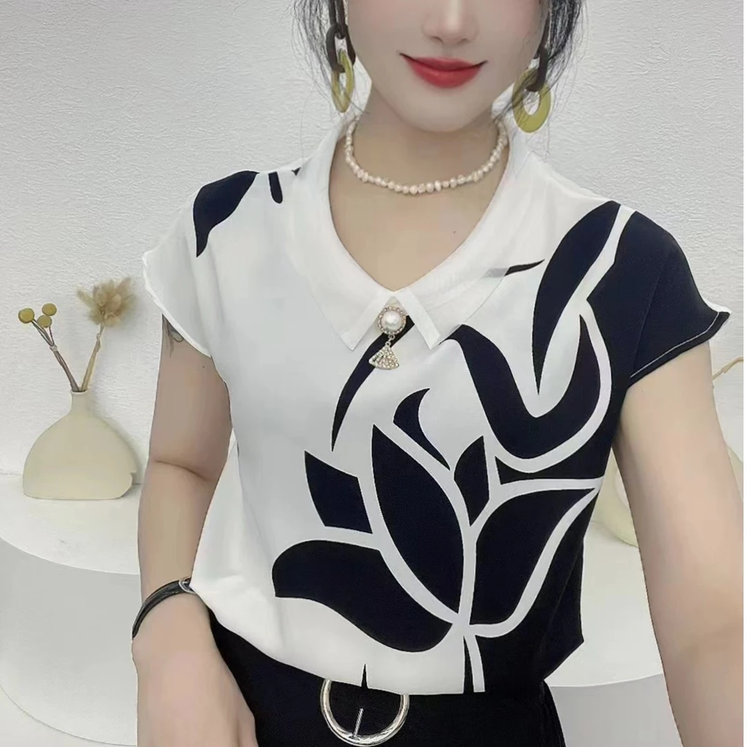 夏季新款女士上衣T恤小衫百搭欧根纱领莲花印花气质遮肚减龄短袖