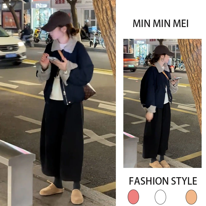 秋冬装INS小个子百搭保暖加厚方领外套休闲加绒阔腿裤显瘦两件套