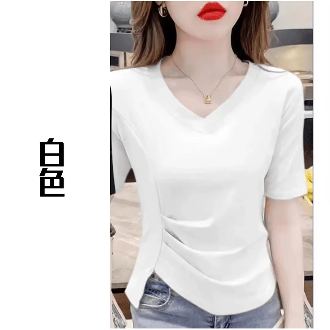 2025年夏季漂亮网红V领褶皱百搭纯色时尚设计感不规则女装08#
