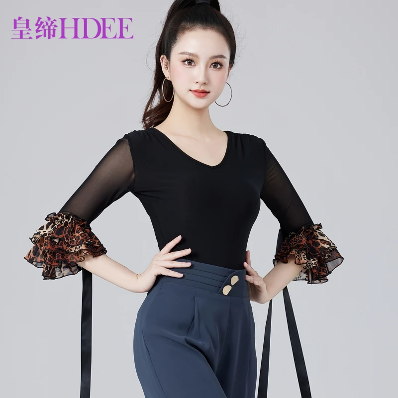 皇缔 摩登舞上衣女网纱拼接花袖交谊舞服气质显瘦练功服广场舞