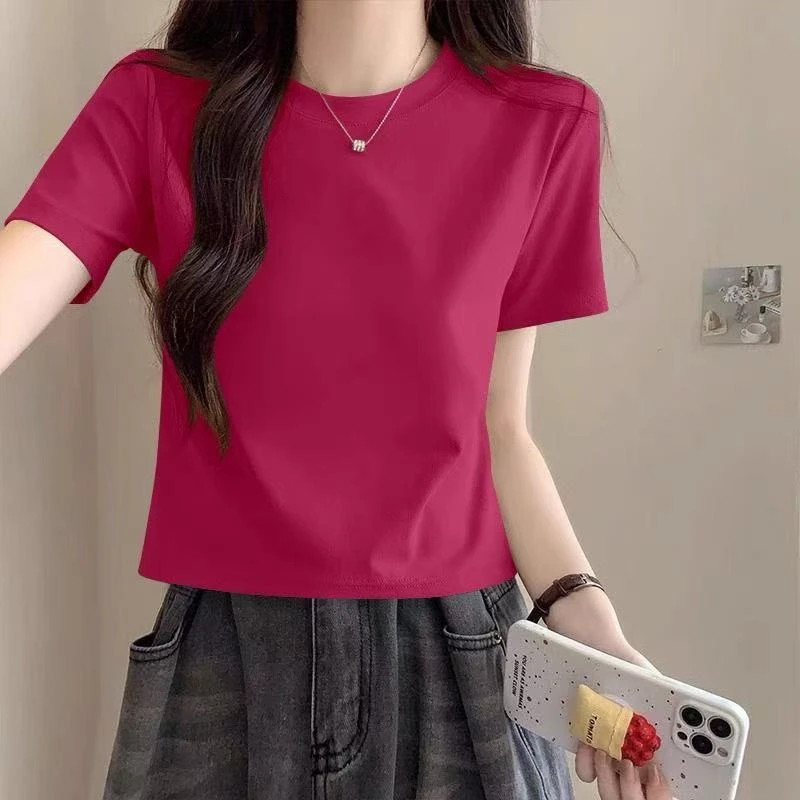 正肩玫红色短款短袖t恤女夏季2026新款修身圆领减龄百搭体恤上衣