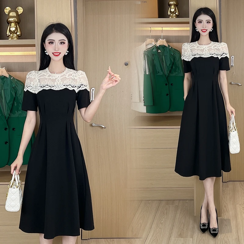 夏季新款高级感法式气质蕾丝拼接小黑裙遮肚显瘦A字连衣裙女DY638
