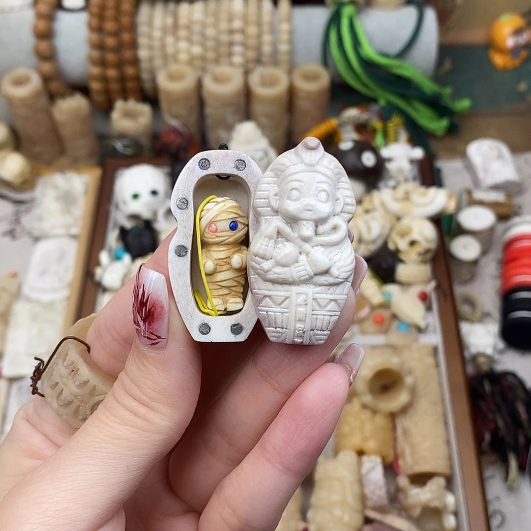 鹿骨把件✨****✨M1鹿角雕刻的法老棺➕木乃伊