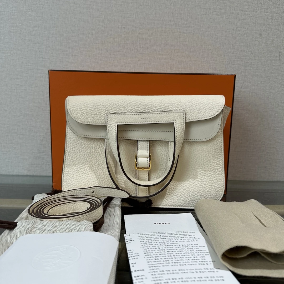 99新 Hermes/爱马仕 奶油白金扣halzan25手提单肩斜挎包 10503
