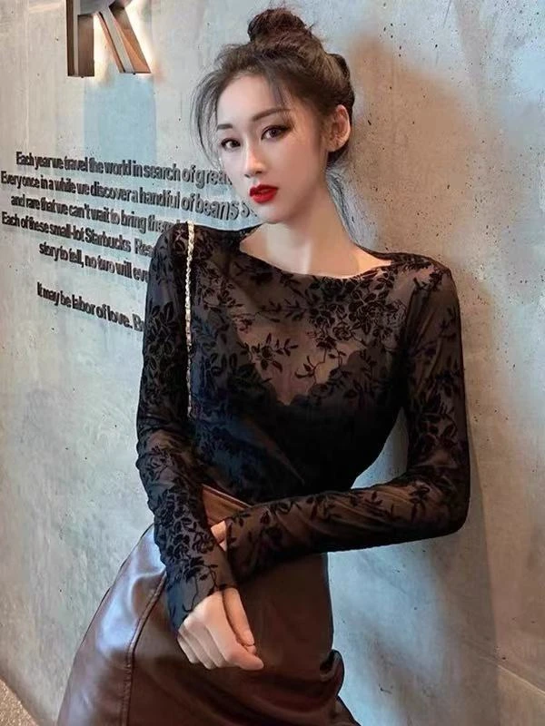 岩岩家336黑色蕾丝上衣女春秋高端印花镂空修身网纱性感别致小衫