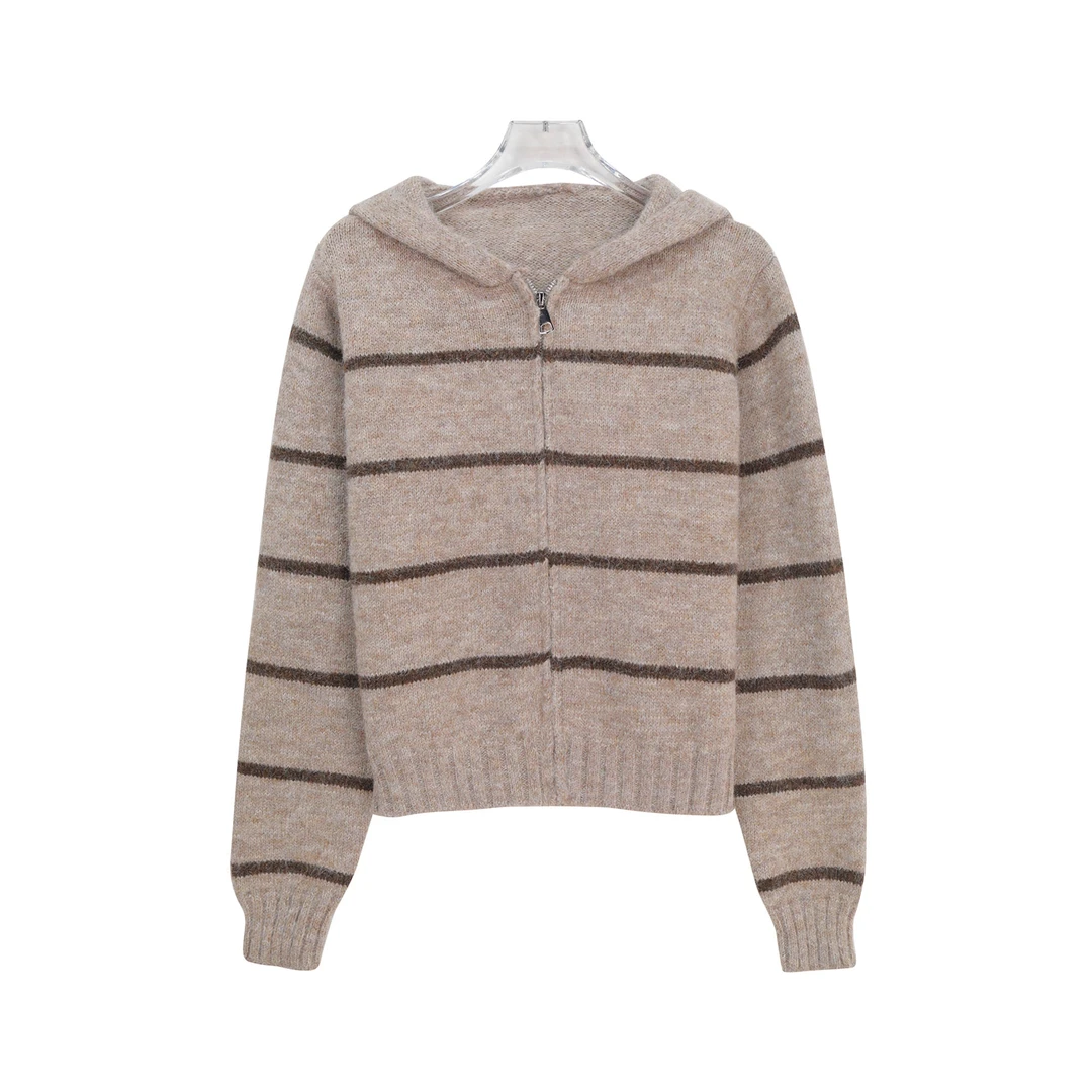 慵懒软糯风连帽拉链短款条纹针织开衫X27816