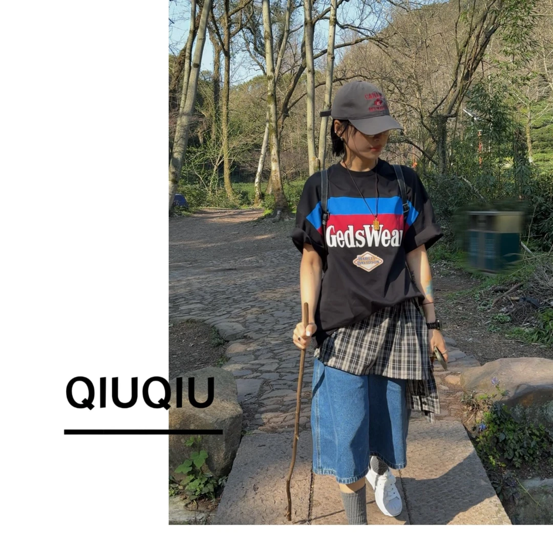 【新.黑色TTT】休闲时尚潮牌宽松百搭拼色字母圆领高级感舒适设计感