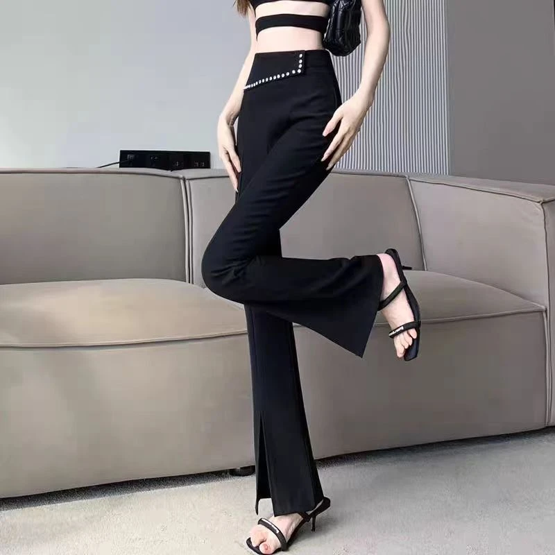 B40带钻喇叭裤子女春夏小个子高腰显瘦垂感黑色女裤前开叉微喇裤