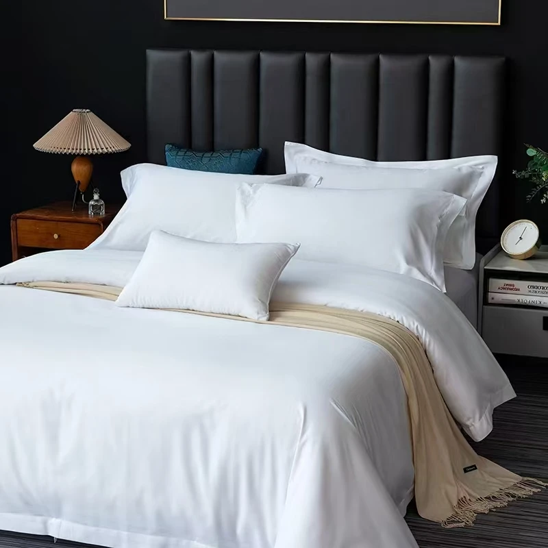 涤棉贡缎床品套件酒店简约绣花纯色纯白色民宿