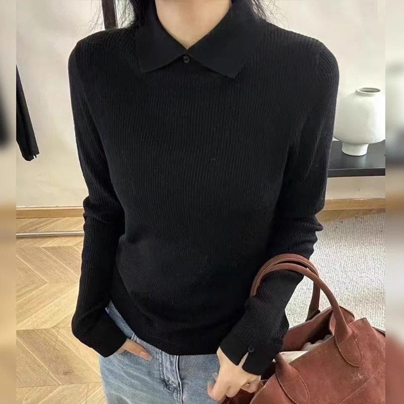 微胖巨好看法式复古黑色翻领针织衫女秋冬季大码显瘦内搭打底上衣