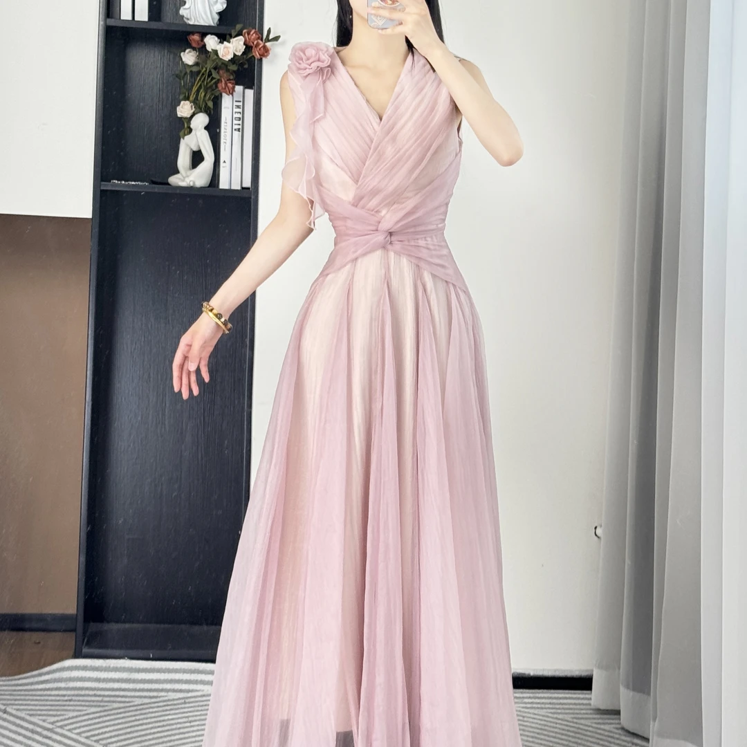 拉夏贝尔/25夏轻奢收腰显瘦设计气质时尚V领无袖连衣裙 10406 QXJ