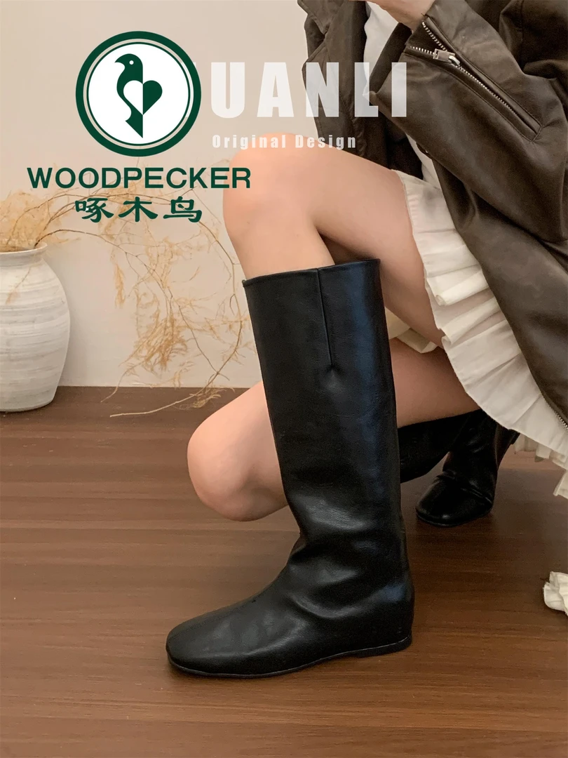 啄木鸟4CM内增高复古辣妹骑士靴女2025新款不过膝软底显瘦高筒靴