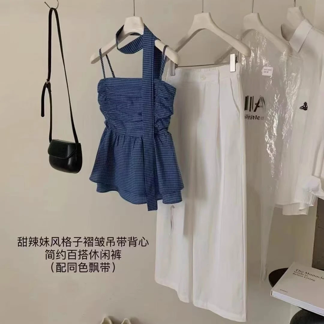 夏季套装女2025新款韩系爆款甜辣风高级格纹褶皱吊带阔腿裤两件套