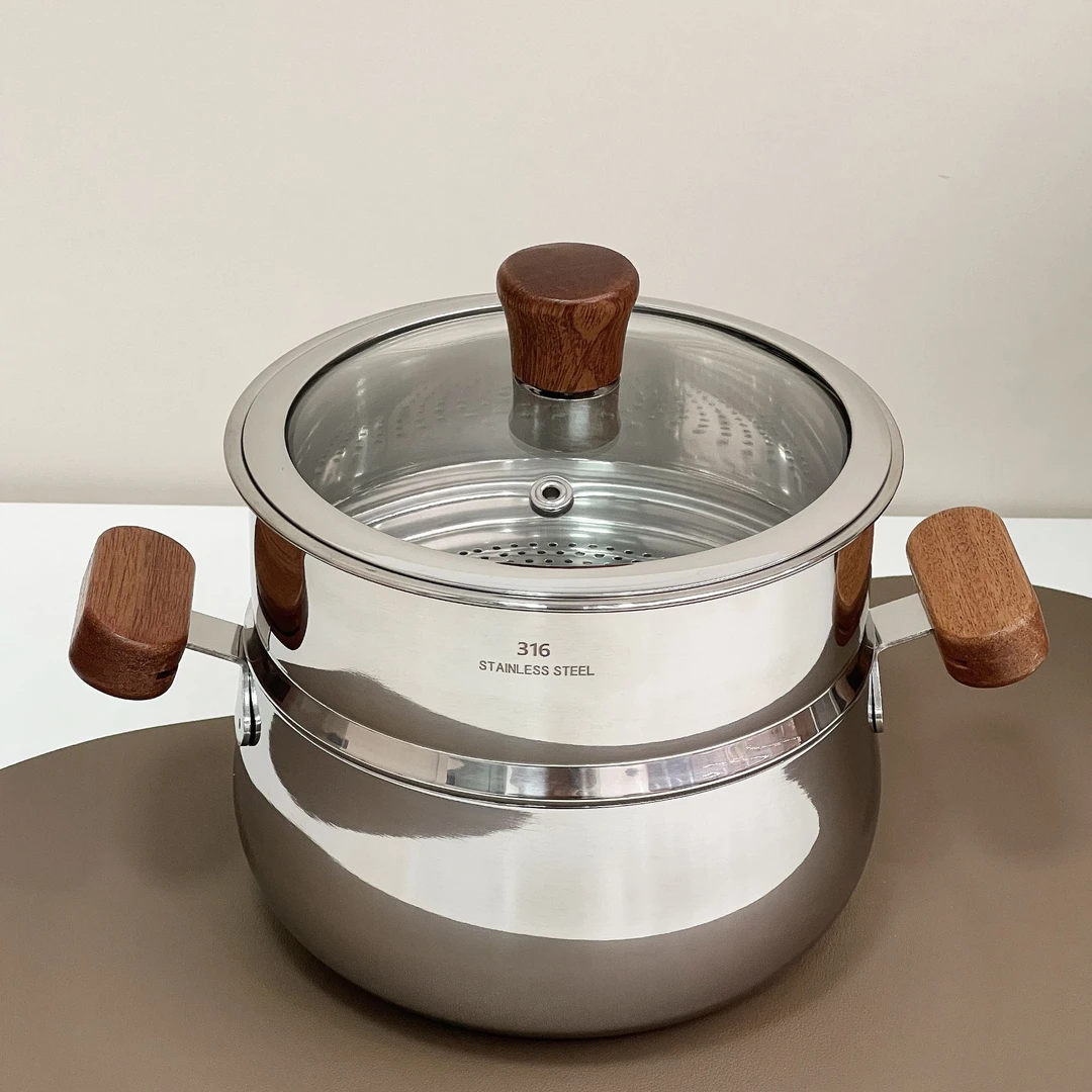 316不锈钢18cm奶锅蒸锅 相思木双层蒸锅汤锅煮泡面拉面双耳小锅