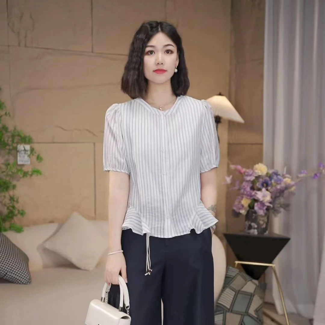 【依依推荐】A77夏季新款圆领短袖竖条纹休闲衫