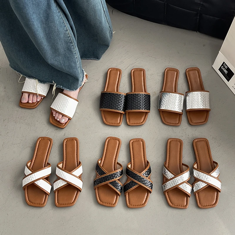 法式编织设计交叉带拖鞋女外穿2025春季新款百搭平底休闲沙滩凉拖