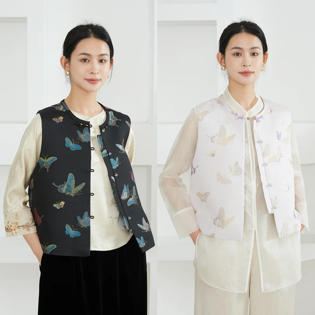 SILVIYE 100桑蚕丝织金宋锦真丝马夹背心开衫国风马甲WT52118