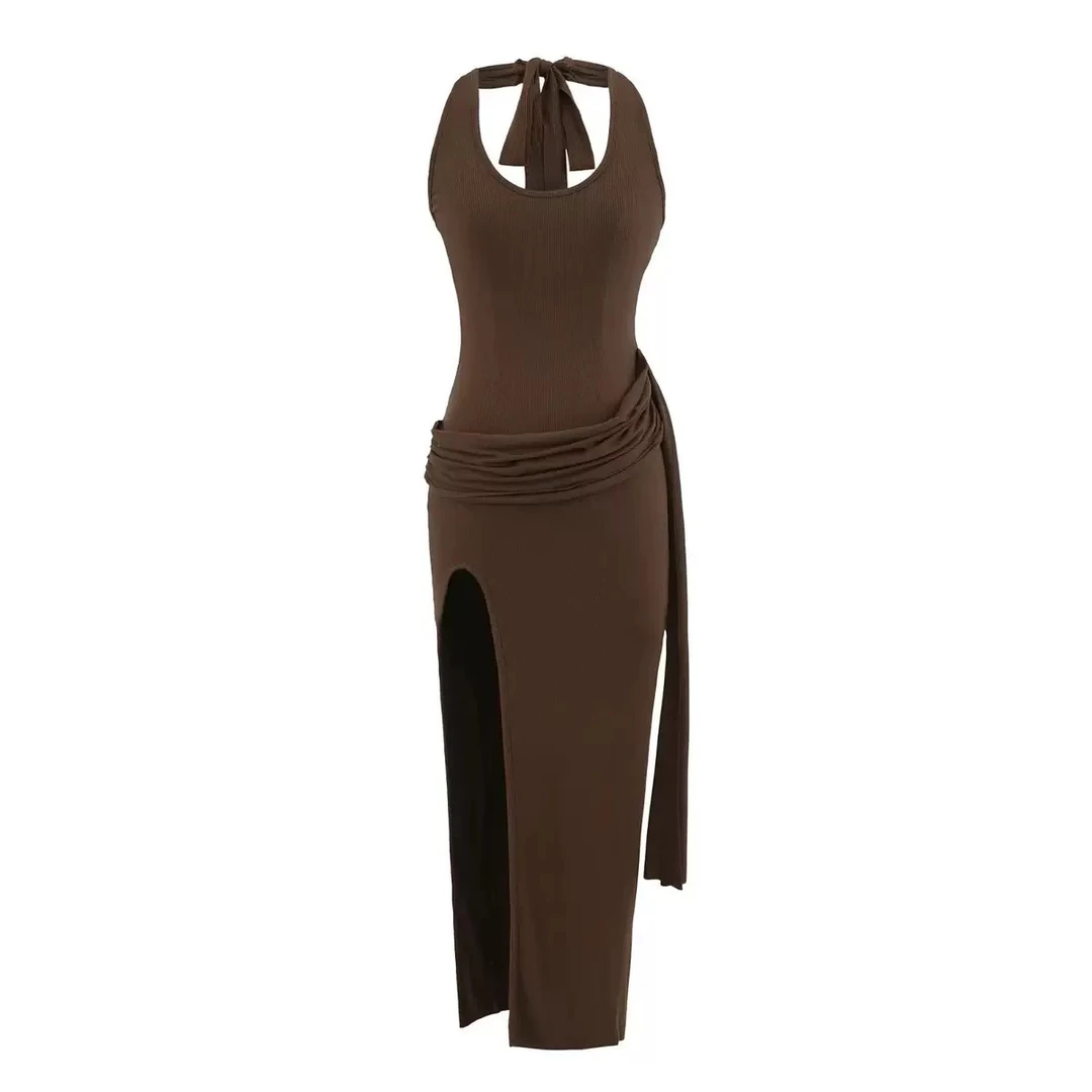 纯欲风性感挂脖露背褶皱开叉修身显瘦包臀长裙连衣裙