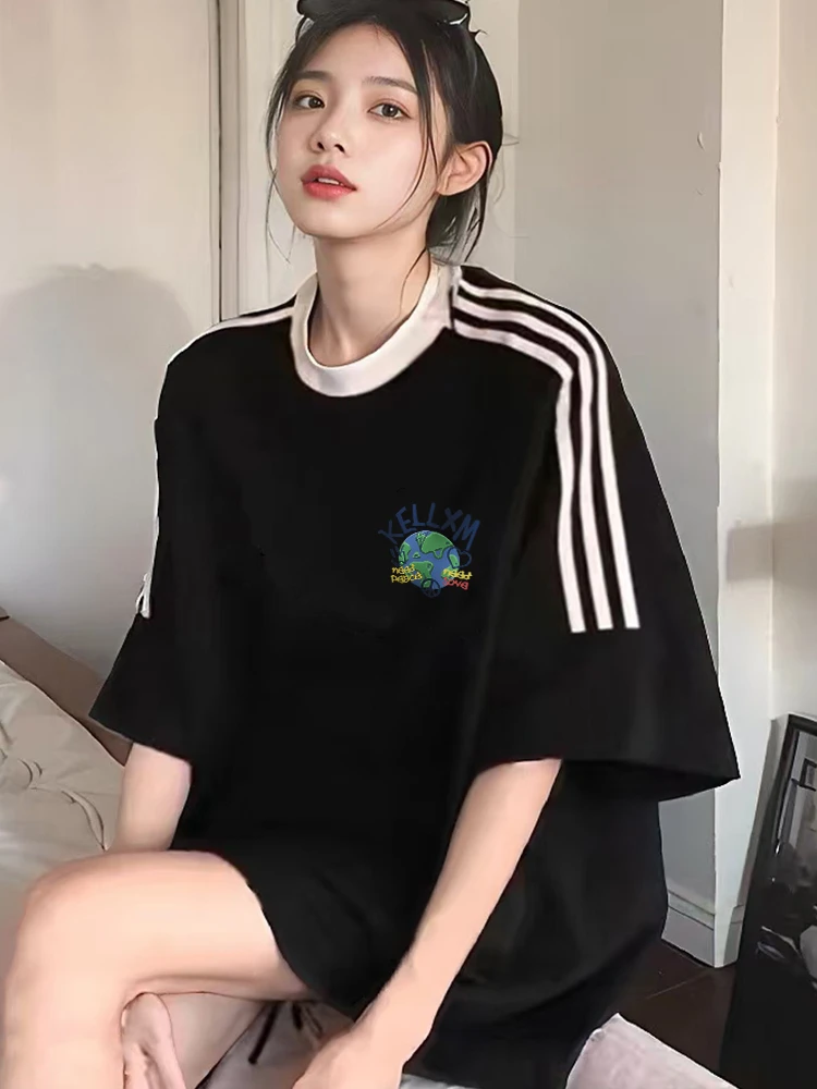 2025男女同款简约复古印花拼接插肩三条杠潮ins圆领半袖短袖女款