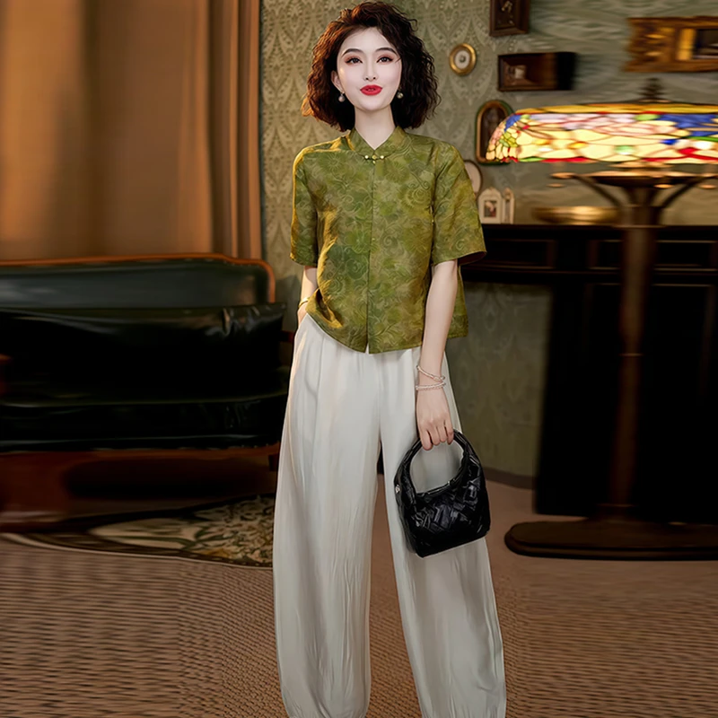 休闲复古风套装女2026年夏季新款宽松显瘦提花衬衣阔腿裤两件套潮