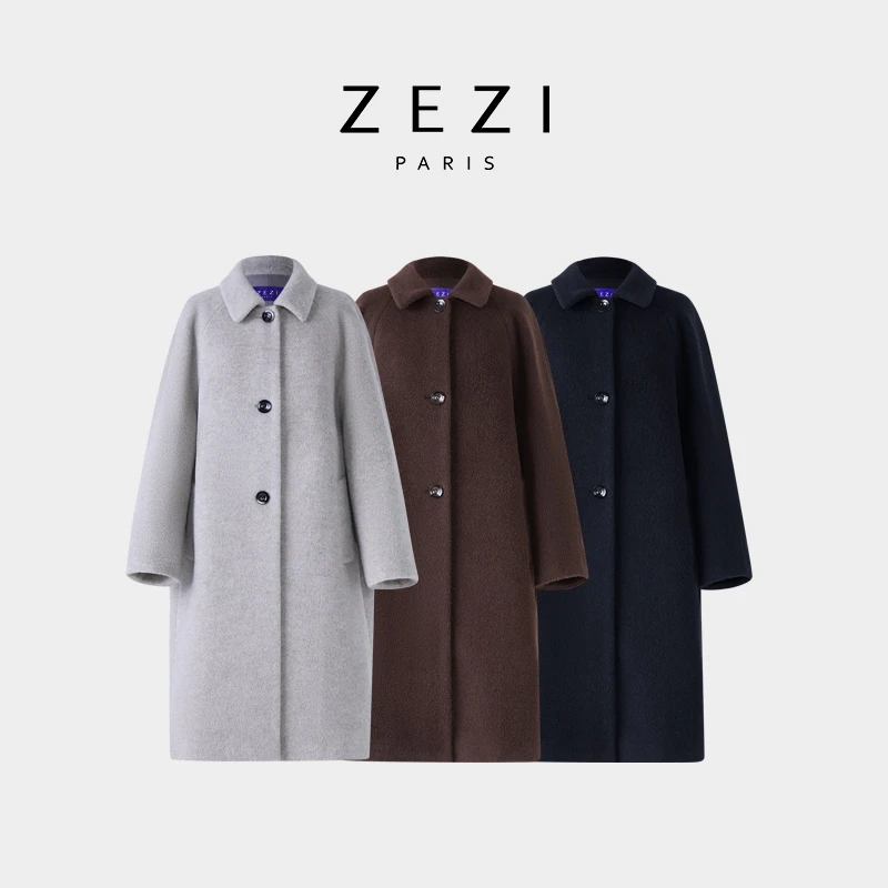 ZEZI主骆马绒羊毛茧型大衣单排扣毛呢外套秋冬厚款保暖Z14C907D