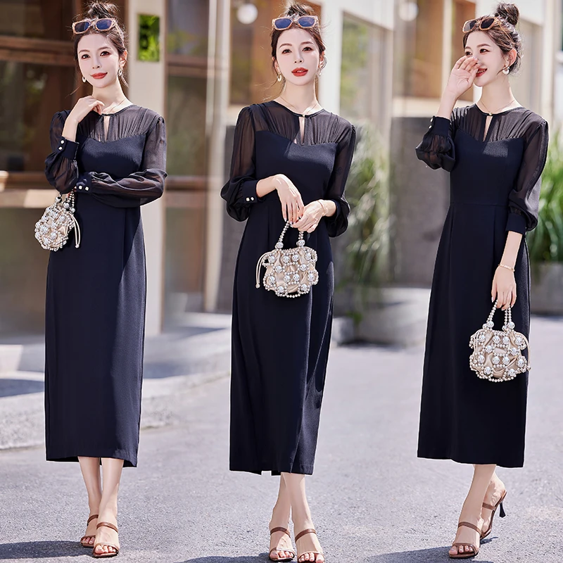 长裙套头长袖拼接秋季显瘦连衣裙气质旗袍秋装礼服春秋洋气时尚