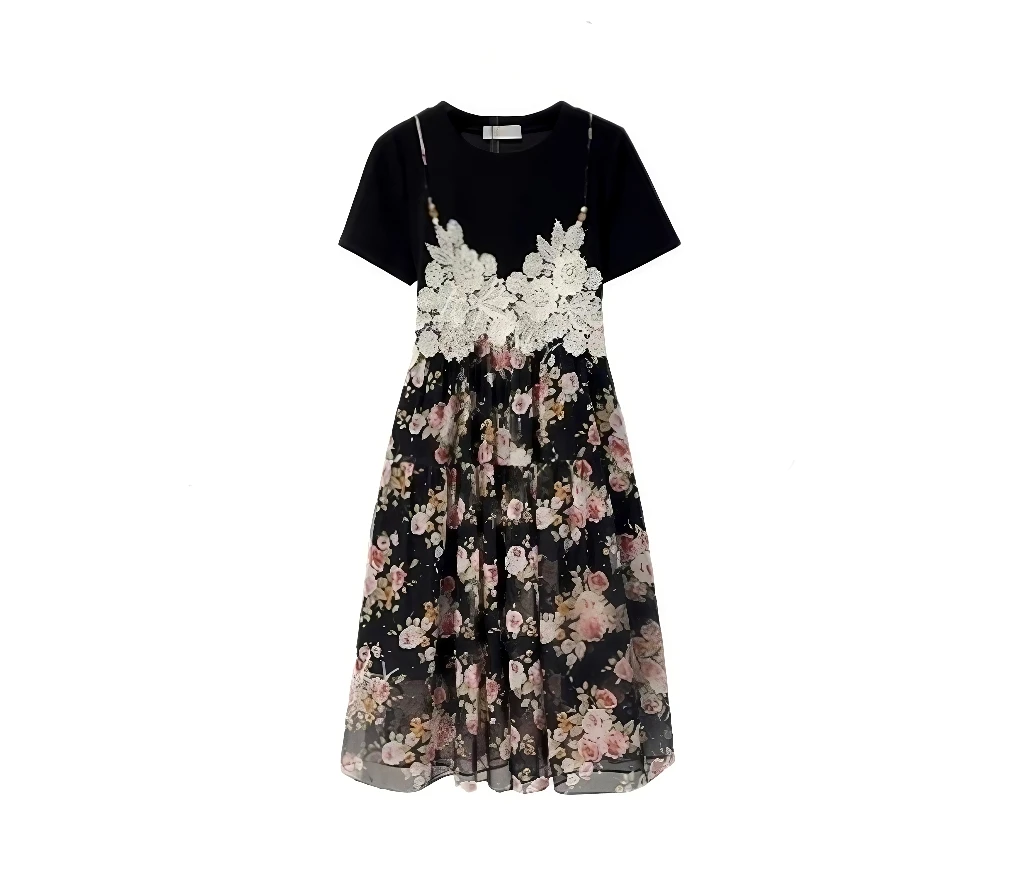 『雾都仙子』夏季新款重工碎花假丝设计感连衣裙两件拼接