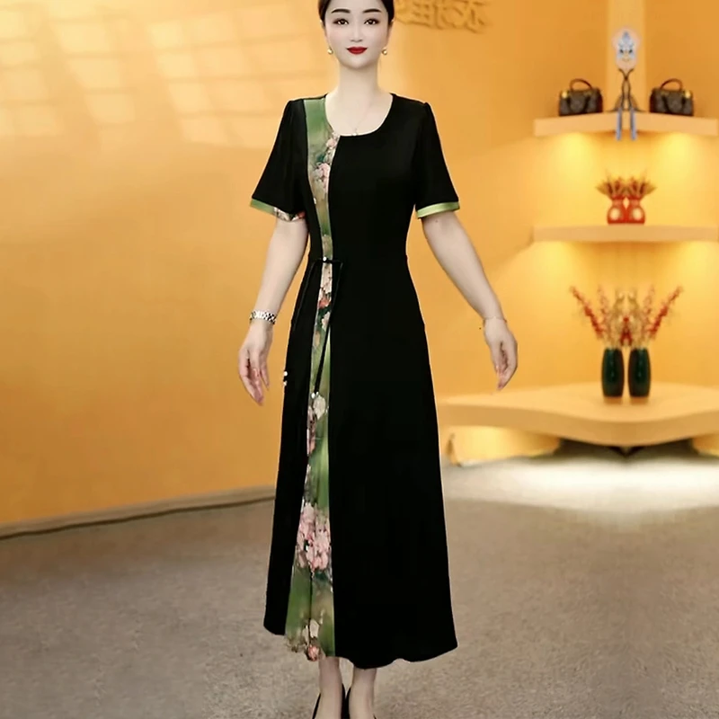 气质连衣裙国风拼接夏季新款时尚花色休闲I显瘦短袖中长款A字裙女